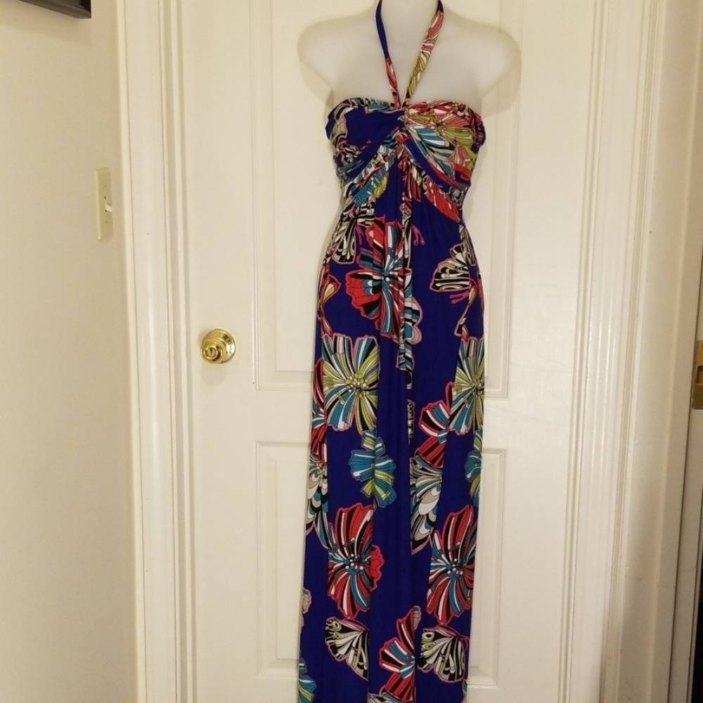 Blue maxi dress w/flowers on it, L
